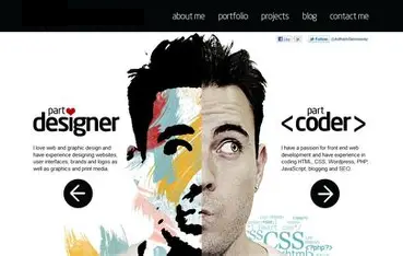 Bold, colorful split-portrait designer and coder portfolio mockup